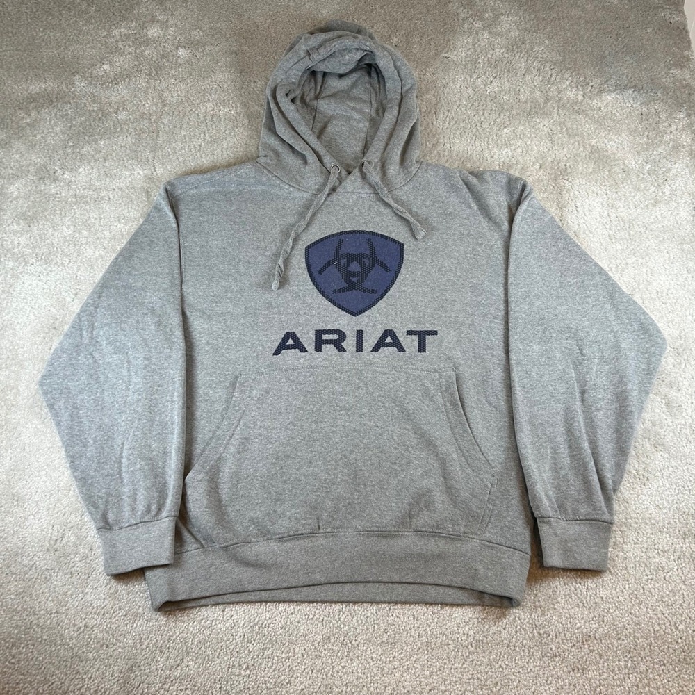 Ariat Men's Medium Gray Fleece Basic Hoodie Sweatshirt Logo Shield Pullover Work